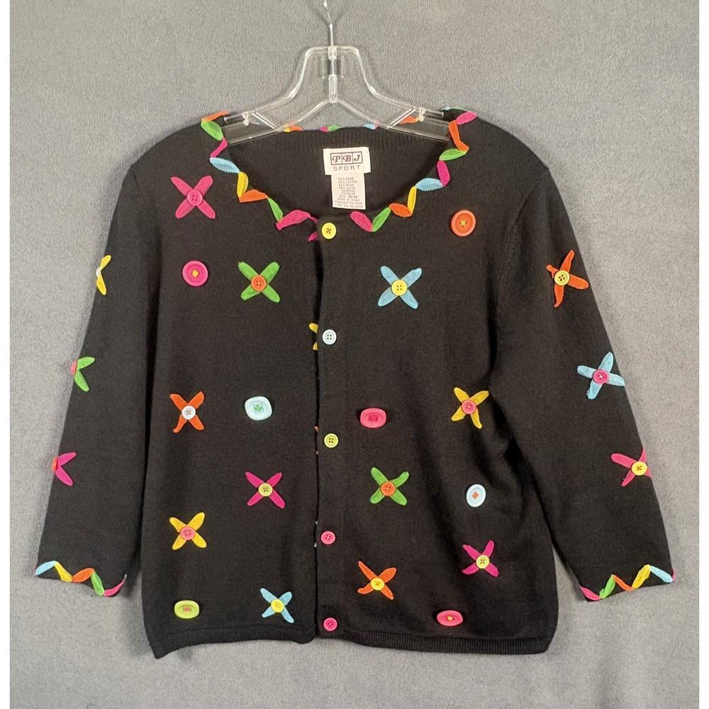 Vtg 90s Y2K PBJ Sport Cardigan Sweater Medium Black Neon Ribbon Mesh Knit